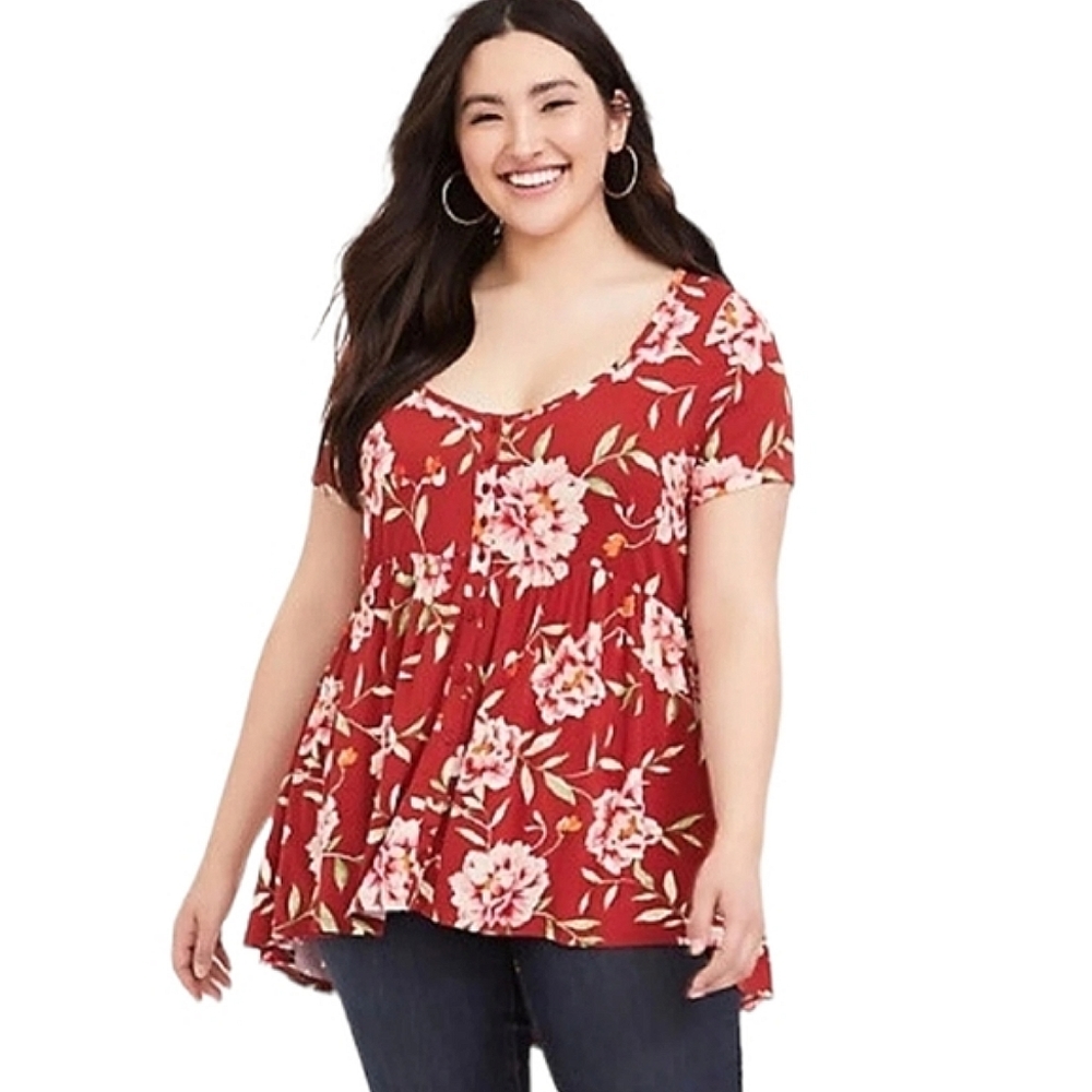 NWOT Torrid Super Soft Red Floral Button Babydoll Top